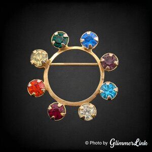 Vintage Circle Brooch - Multicolor Rhinestones - Mid Century Gold Tone Round Pin
